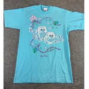 VINTAGE 90s Lesal West Inc Cat Shirt Womens Medium Blue Graphic Single Stitch